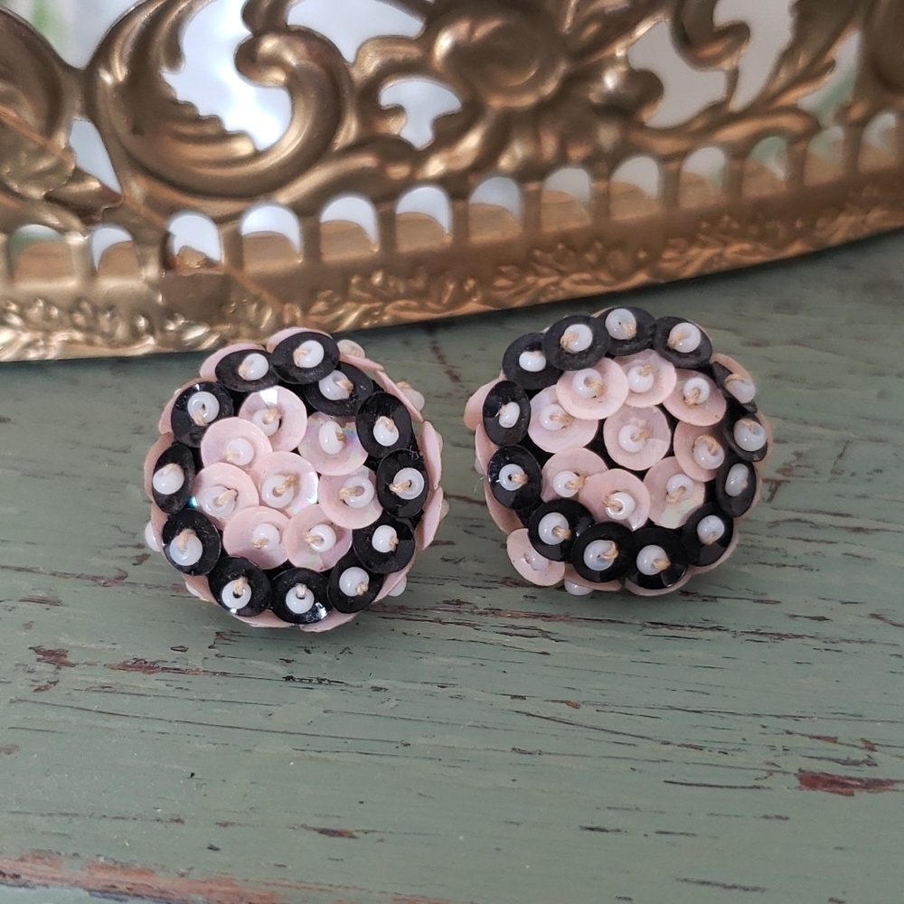 Antique Vintage Reworked Sequin Bead Button Stud Earrings